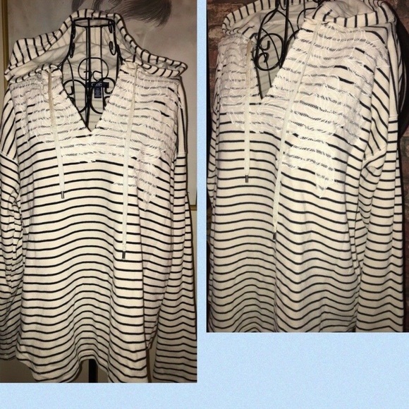 CHAPS NAUTICAL STRIPED HOODED PULLOVER W/LACE~LARG - Picture 4 of 4